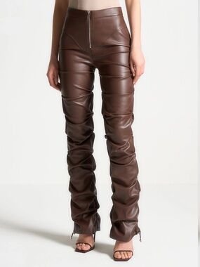 Like New Manière De Voir Brown High-Waist Stretch Leather Pants Size 6
